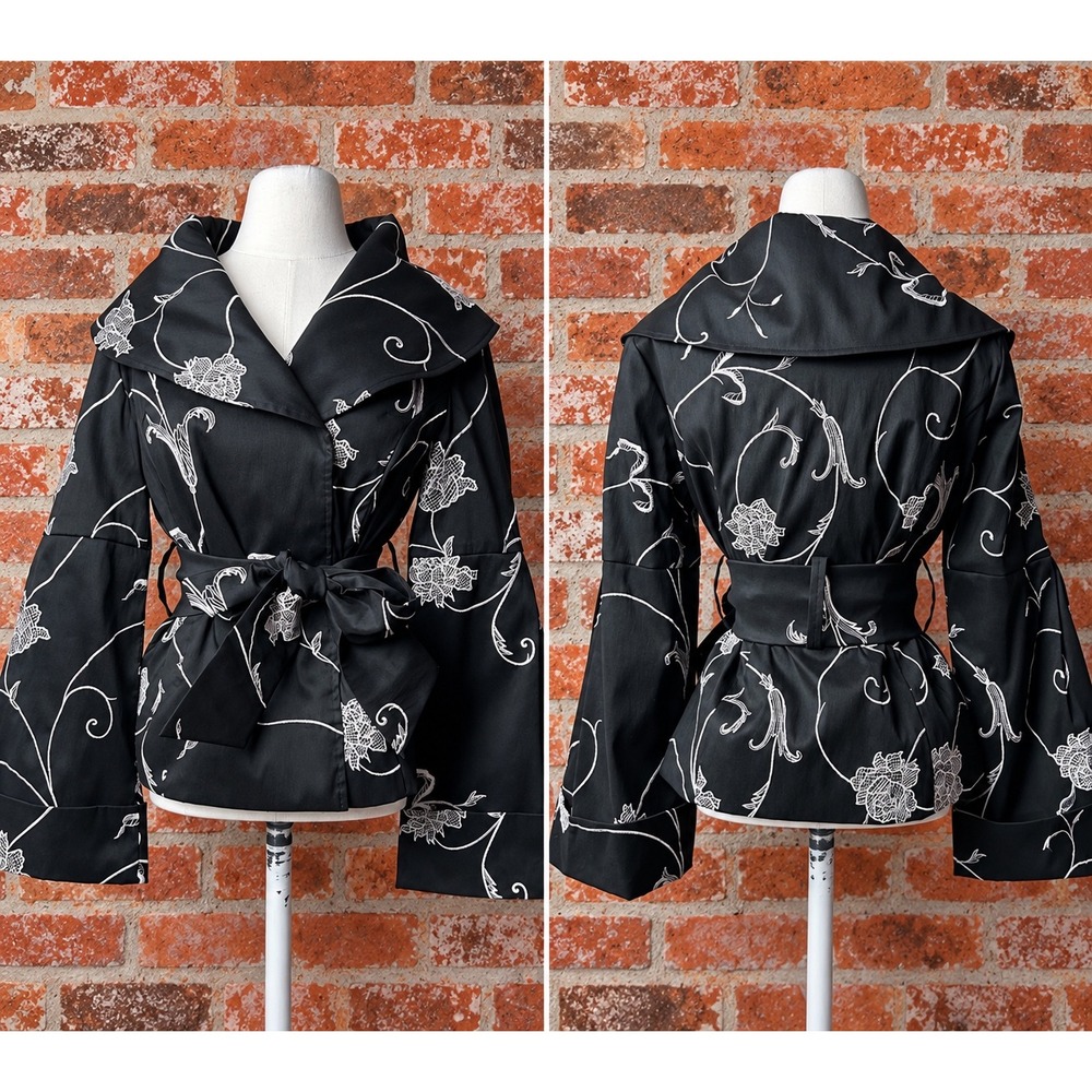 Vintage Embroidered Bell Sleeve Wrap Jacket Belted Kimono Y2K Formal Boho